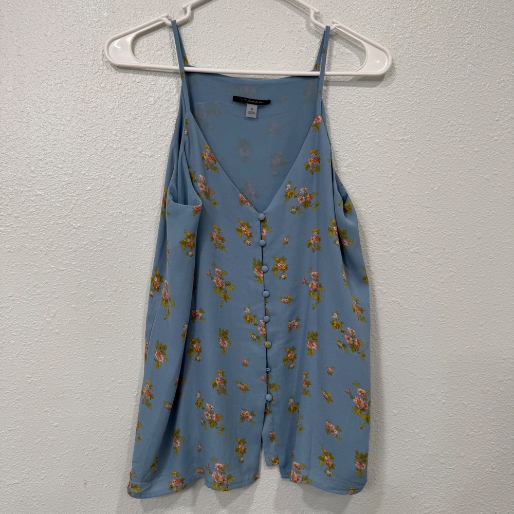 T Tahari Floral Button Front Camisole Blouse Light Blue Sleeveless Top Medium